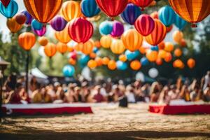 viele Menschen sind Sitzung im das Gras unter bunt Papier Laternen. KI-generiert foto