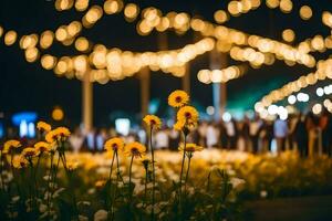 Gelb Blumen im das Mitte von ein Feld beim Nacht. KI-generiert foto