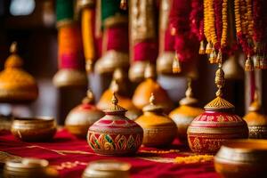 indisch Hochzeit Dekor mit bunt Dekorationen. KI-generiert foto