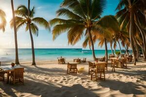 ein Strand mit Tabellen und Stühle auf das Sand. KI-generiert foto