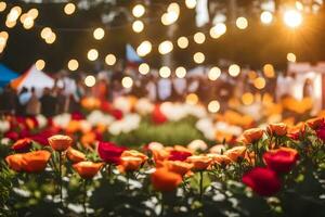 ein Feld von Blumen mit Beleuchtung im das Hintergrund. KI-generiert foto