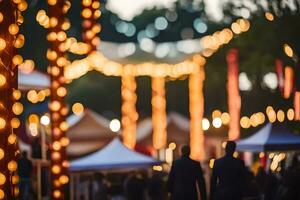 Menschen Gehen durch ein überfüllt draussen Markt mit Beleuchtung. KI-generiert foto