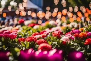 bunt Blumen im ein Feld mit Beleuchtung im das Hintergrund. KI-generiert foto