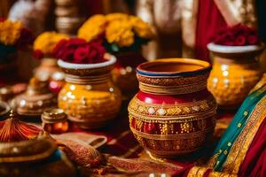 indisch Hochzeit Dekor mit rot und Gold Vasen. KI-generiert foto