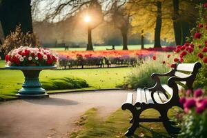 ein Park Bank ist im das Mitte von ein Blume Garten. KI-generiert foto