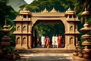 ein Gruppe von Menschen Stehen im Vorderseite von ein indisch Tempel. KI-generiert foto