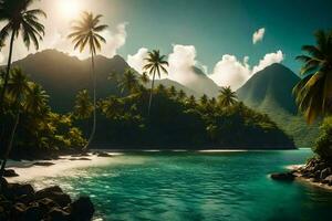 das Sonne scheint Über ein tropisch Insel mit Palme Bäume. KI-generiert foto