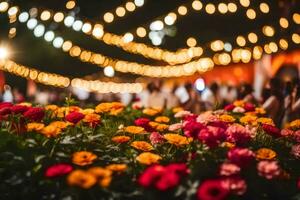 ein Blume Garten mit Beleuchtung und Menschen im das Hintergrund. KI-generiert foto