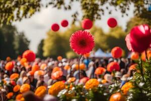 ein groß Menge von Menschen sind Stehen um ein groß Blume. KI-generiert foto