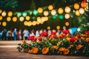 Blumen im ein Garten mit Beleuchtung und Personen. KI-generiert foto