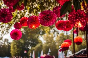 rot und Rosa Blumen hängend von ein Baum. KI-generiert foto