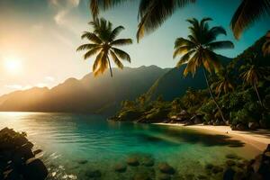 das Sonne setzt Über ein tropisch Strand mit Palme Bäume. KI-generiert foto