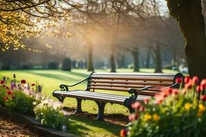 ein Park Bank ist umgeben durch Blumen und Bäume. KI-generiert foto