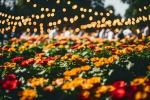 Blumen im ein Feld mit Beleuchtung im das Hintergrund. KI-generiert foto