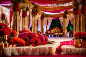 indisch Hochzeit Zeremonie mit rot und Gold Dekor. KI-generiert foto