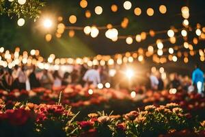 ein Gruppe von Menschen sind Stehen im Vorderseite von ein Garten mit Beleuchtung. KI-generiert foto