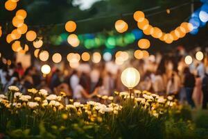 ein Gruppe von Menschen sind Stehen im Vorderseite von ein Garten mit Beleuchtung. KI-generiert foto