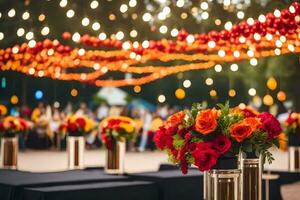 ein Hochzeit Rezeption mit bunt Blumen und Beleuchtung. KI-generiert foto
