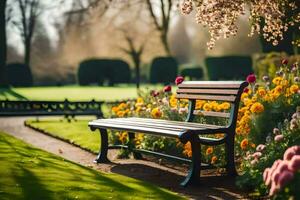 ein Park Bank ist im Vorderseite von ein Blume Garten. KI-generiert foto