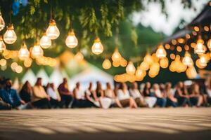 Menschen Sitzung im ein Kreis mit Licht Glühbirnen hängend von das Bäume. KI-generiert foto