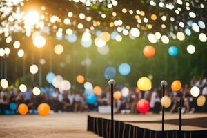 ein Bühne mit ein Mikrofon und Luftballons im das Hintergrund. KI-generiert foto