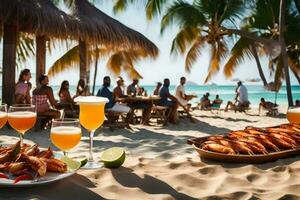 ein Strand mit Essen und Getränke auf Es. KI-generiert foto