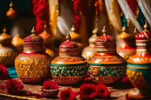 indisch Hochzeit Dekor mit bunt Vasen. KI-generiert foto