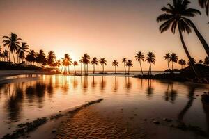 Palme Bäume auf das Strand beim Sonnenuntergang. KI-generiert foto