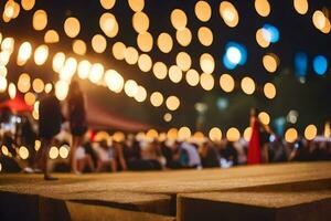 Menschen sind Sitzung auf hölzern Schritte beim Nacht. KI-generiert foto