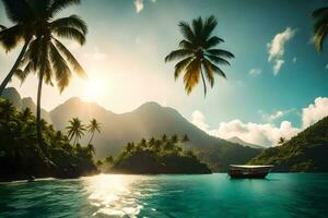 Foto Hintergrund das Himmel, Wasser, Berge, Palme Bäume, Boot, Sonnenuntergang, das Meer,. KI-generiert