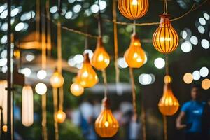 viele hängend Licht Glühbirnen im ein Garten. KI-generiert foto