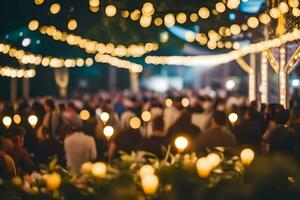 ein Menge von Menschen beim ein Hochzeit Rezeption mit Beleuchtung. KI-generiert foto