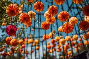 Orange Papier Laternen hängend von das Decke. KI-generiert foto