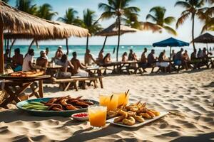 ein Strand mit Essen und Getränke auf Es. KI-generiert foto