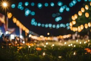 ein Feld mit Blumen und Kerzen zündete oben beim Nacht. KI-generiert foto