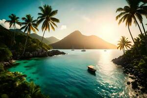 ein tropisch Insel mit Palme Bäume und Boote im das Wasser. KI-generiert foto