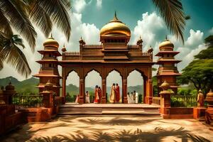 das Tempel ist umgeben durch Palme Bäume und ein Blau Himmel. KI-generiert foto