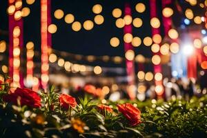 rot Blumen im Vorderseite von ein beleuchtet oben Stadt. KI-generiert foto