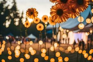 ein Gruppe von Gelb Blumen im das Gras. KI-generiert foto