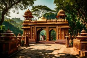 ein indisch Tempel im das Urwald mit ein golden Tor. KI-generiert foto