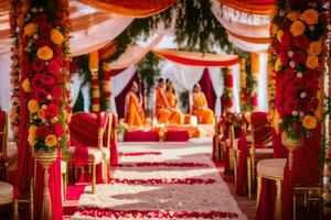 indisch Hochzeit Zeremonie mit rot und Orange Dekor. KI-generiert foto