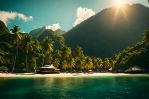 tropisch Strand mit Palme Bäume und ein Hütte. KI-generiert foto