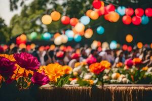 bunt Blumen im ein Feld mit Menschen im das Hintergrund. KI-generiert foto