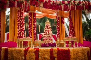 ein indisch Hochzeit Tabelle mit rot und Gold Dekorationen. KI-generiert foto