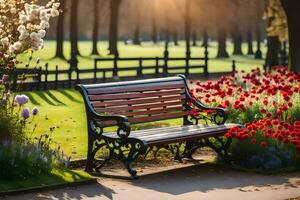 ein Bank im ein Park mit Blumen und Bäume. KI-generiert foto