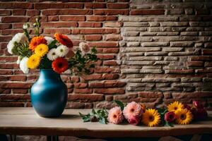 ein Vase von Blumen auf ein Tabelle im Vorderseite von ein Backstein Mauer. KI-generiert foto