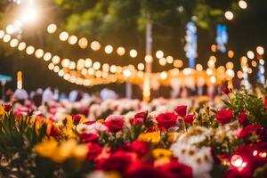 Blumen und Beleuchtung im ein Garten beim Nacht. KI-generiert foto