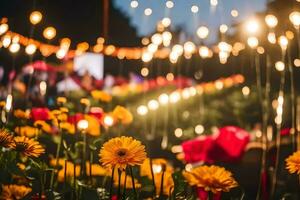 Gelb Blumen im das dunkel mit Beleuchtung. KI-generiert foto