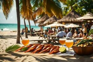 ein Tabelle mit Getränke und Essen auf das Strand. KI-generiert foto