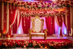 ein Hochzeit Bühne dekoriert mit rot und Gold Blumen. KI-generiert foto